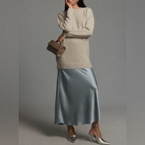 Anthropologie Women’s Long Sleeve Twofer Taupe Sweater Blue Slip Midi Dress Sz S